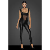 Power Wetlook Overall with Tulle Panel for Striking Style Black Medium Womens Latex