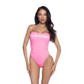 Playboy Pink One-Piece Swimsuit with Ruched Side Ties and Removable Clear Straps – Strapless Swimsuit Pink Extra Small > Clothes > Womens > Swimwear