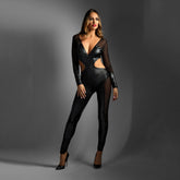 Edge Wetlook and Mesh Catsuit for Women in Medium Large Size Black Lingerie & Sexy Apparel