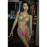 Vibrant Diamond Net Two Piece Top and Skirt Set in Multicolor, Size Medium Rainbow One Size Dresses