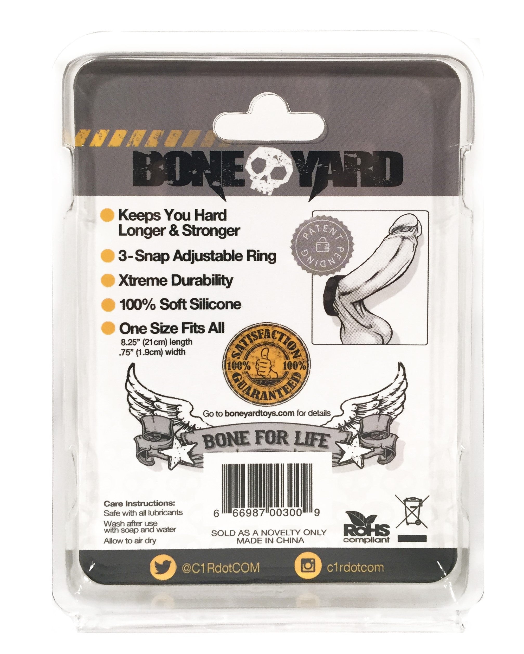 Boneyard Silicone Cock Strap - 3 Snap Ring - Black 8.25 Inch > Cock Ring > Adjustable