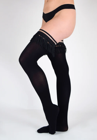 Kixies Keila Fringe Sheer Thigh Highs Size C for Flirty Style and Comfort Black Hosiery