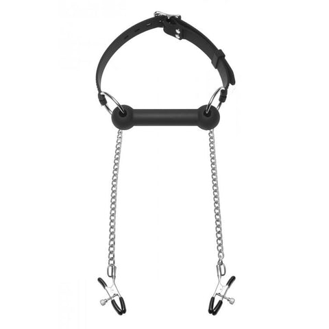 Equine Silicone Bit Gag With Nipple Clamps For Playful Restraint And Pleasure Gags
