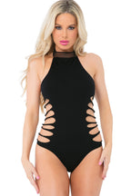 Slit and Spin Bodysuit Halter Neckline Cutout Slits Side Strap Design Bodysuit Black One Size > Clothes > Bodies and Playsuits