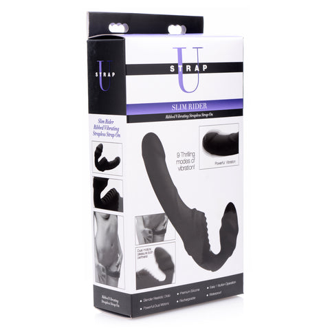 Slim Rider Ribbed Vibrating Silicone Strapless Strap On Black > Realistic Dildos and Vibes > Strapless Strap Ons