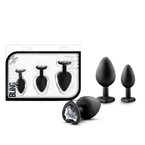 Luxe Bling Plugs Training Kit Black With Clear Gems - 3 Sizes Black Butt Plugs