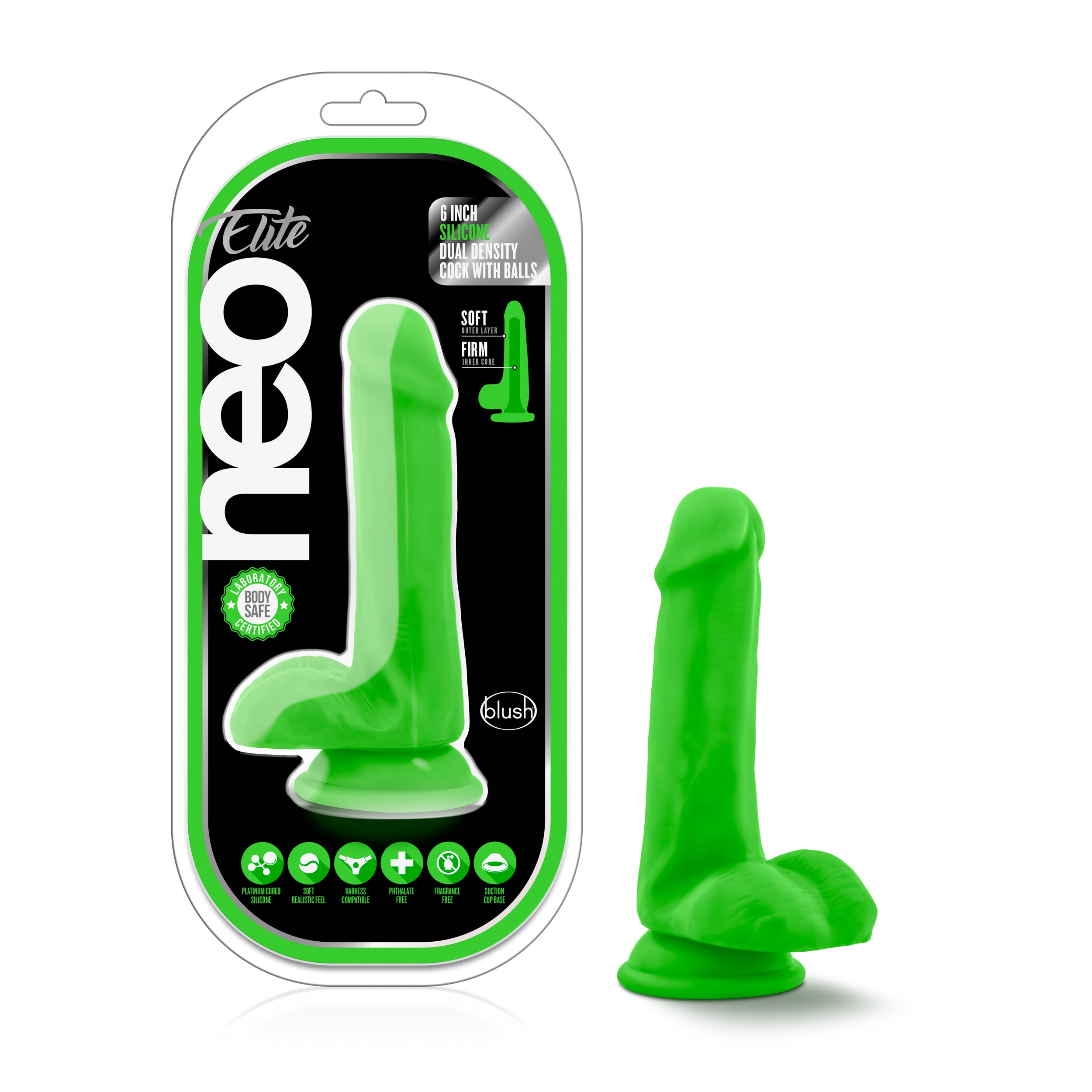 Neo Elite 6 Inch Silicone Dual Density Cock with Balls Neon Green DONGS