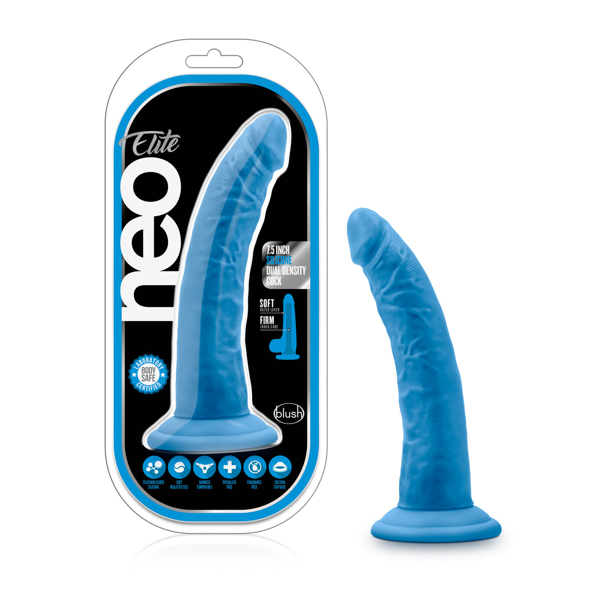 Neo Elite 7.5 Inch Silicone Dual Density Cock in Neon Blue Blue DONGS