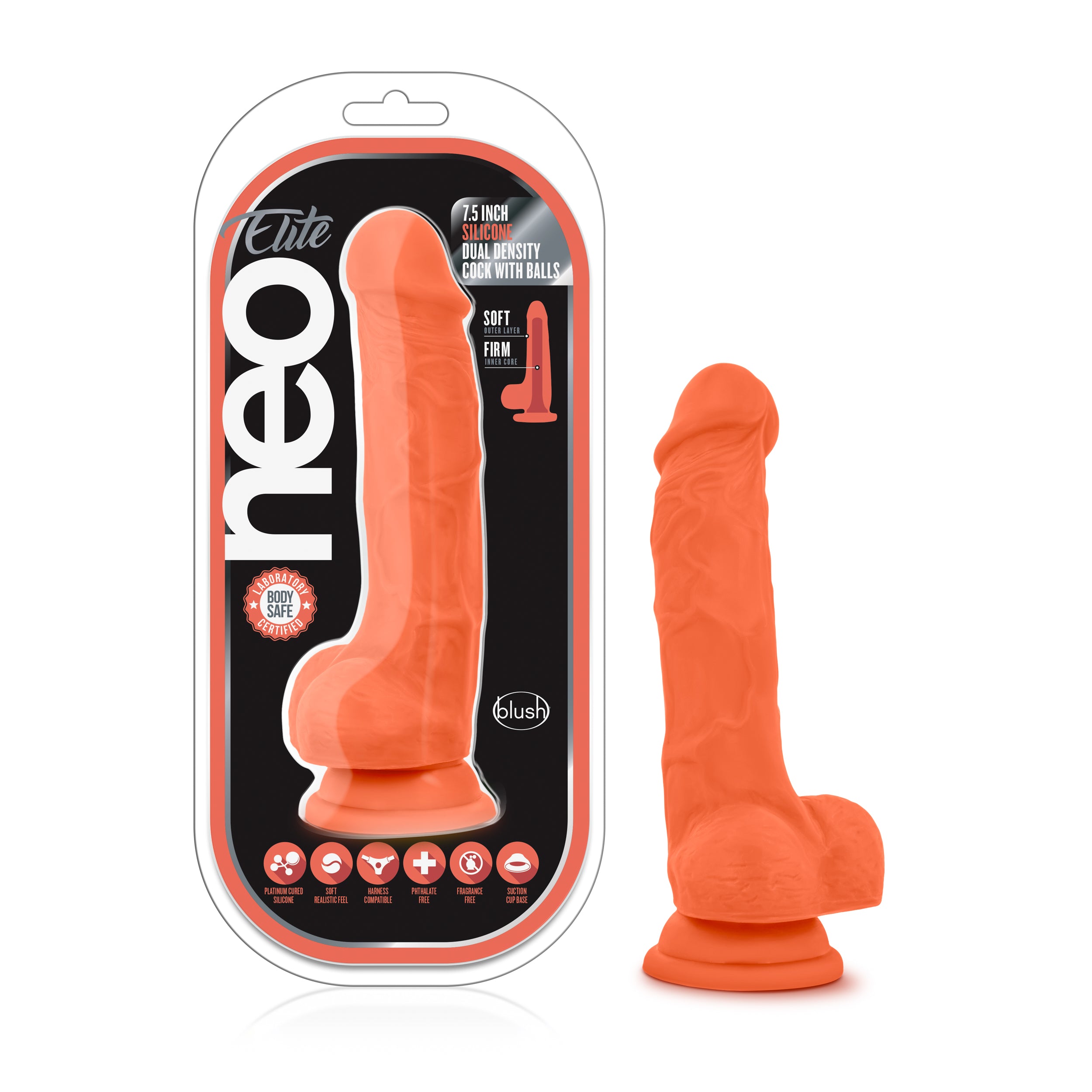 Neo Elite 7.5 Inch Silicone Dual Density Cock with Balls Neon Orange DONGS
