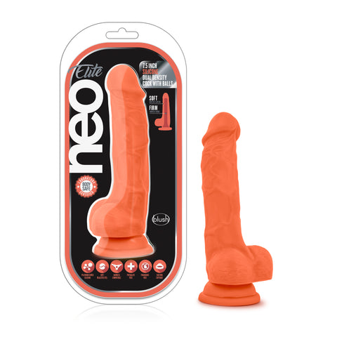 Neo Elite 7.5 Inch Silicone Dual Density Cock with Balls Neon Orange DONGS