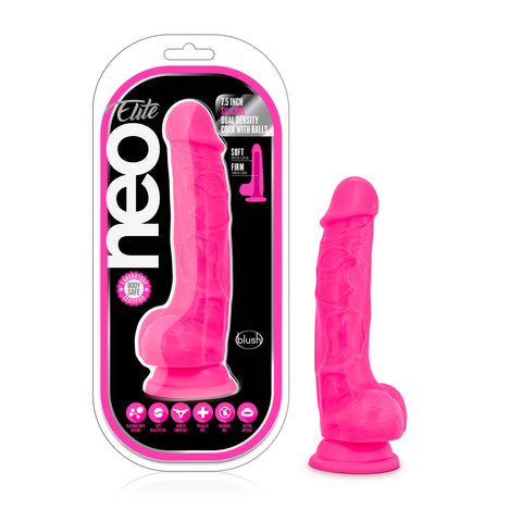 Neo Elite 7.5 Inch Silicone Dual Density Cock with Balls Neon Pink Pink DONGS