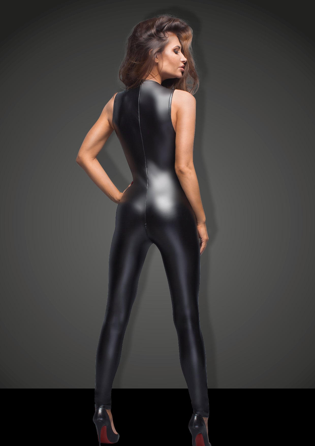 Sleeveless Power Wetlook Overall With Lace and Zipper Detail Womens Latex