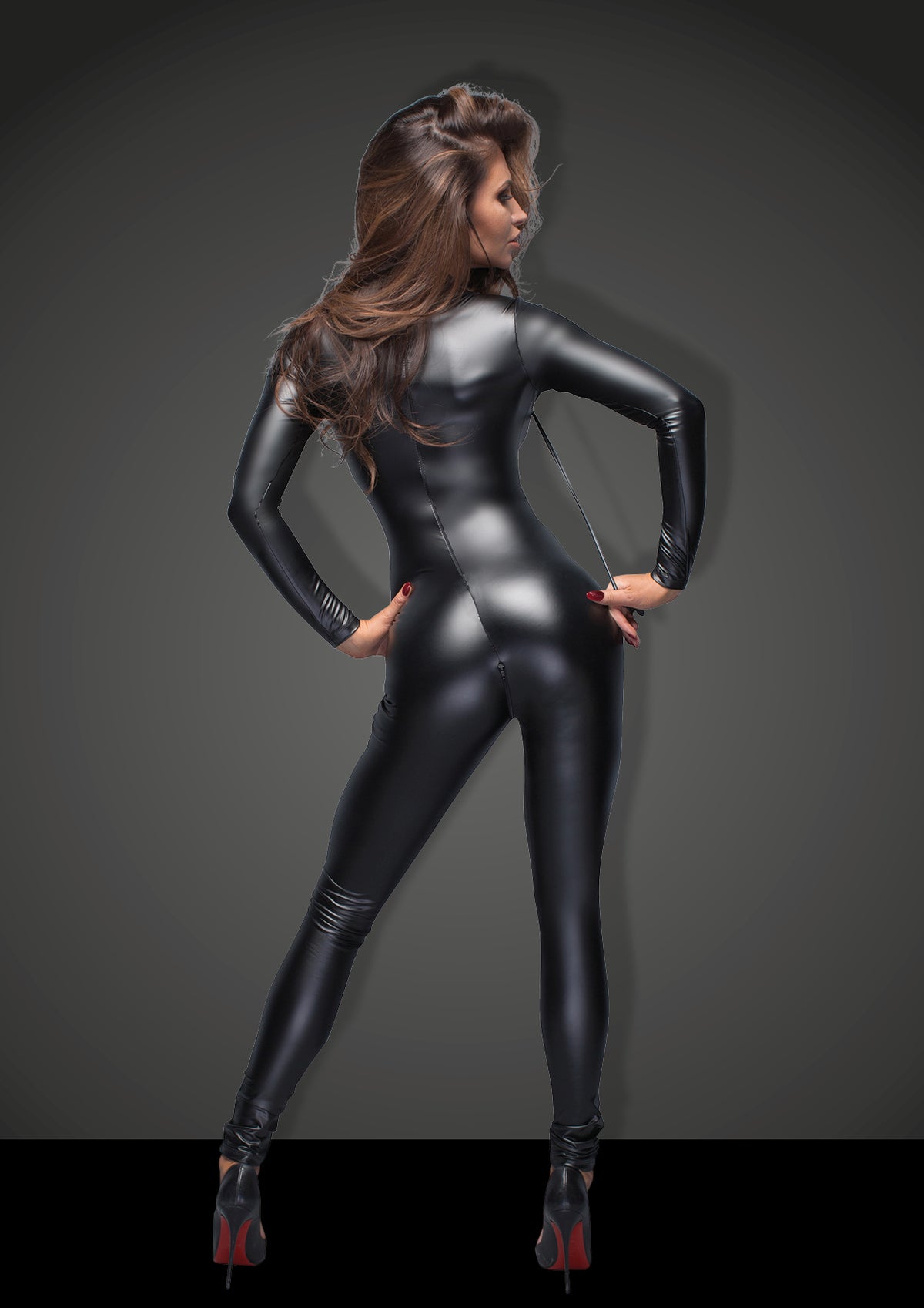 Power Wetlook Overall With Leash And Two Way Zipper Black Large Womens Harnesses