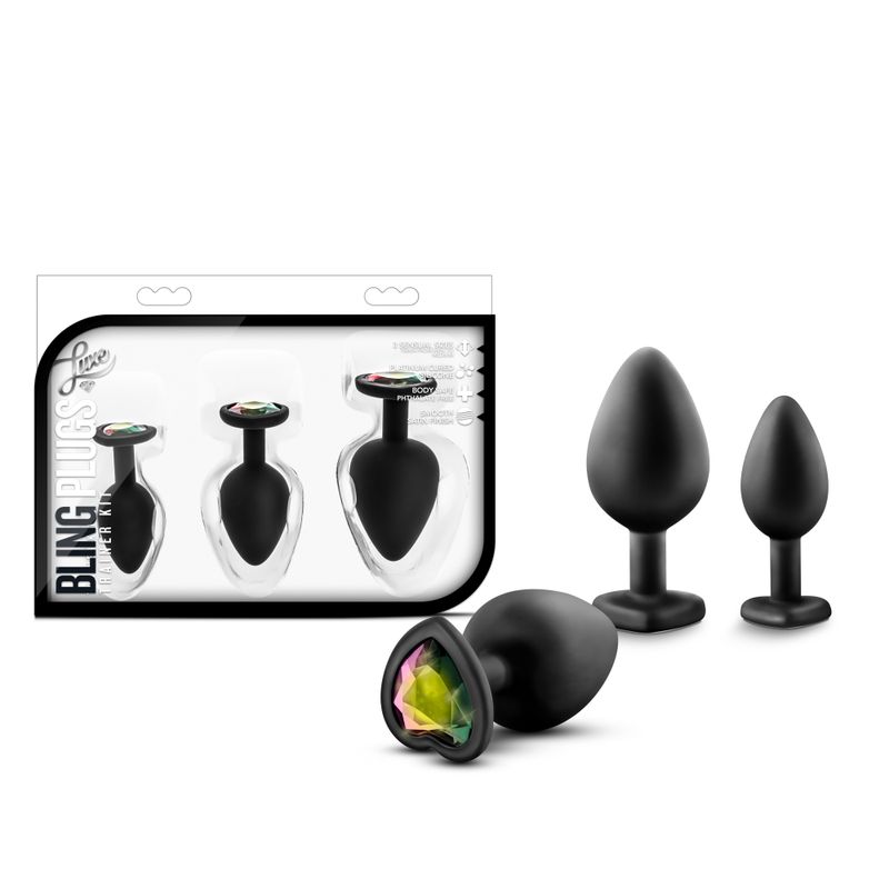Luxe Bling Plugs Training Kit Black With Rainbow Gems 3 Sizes > Anal Range > Butt Plug Kits
