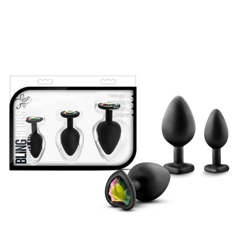 Luxe Bling Plugs Training Kit Black With Rainbow Gems 3 Sizes > Anal Range > Butt Plug Kits