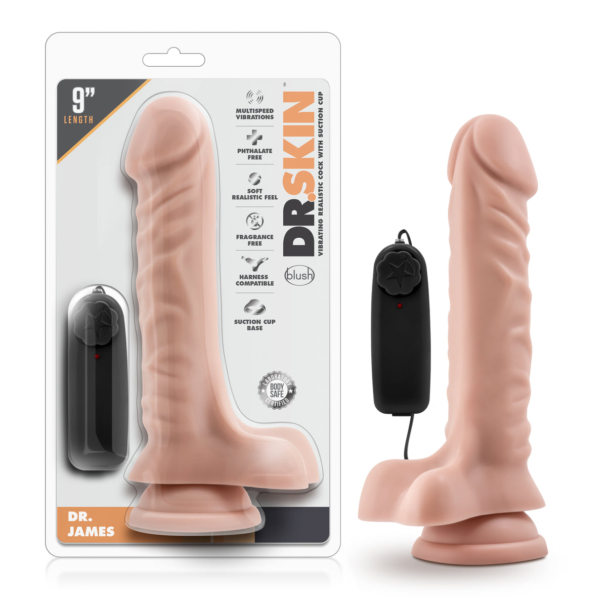 Dr Skin Dr James 9 Inch Vibrating Cock with Suction Cup Vanilla Beige DONGS Vibrating