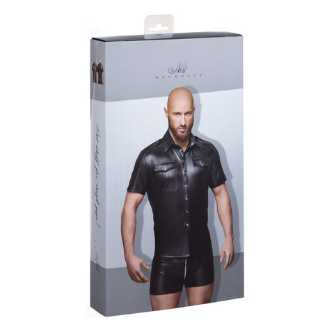 Black Wet Look Short Sleeve Shirt With Front Pockets Mens Latex