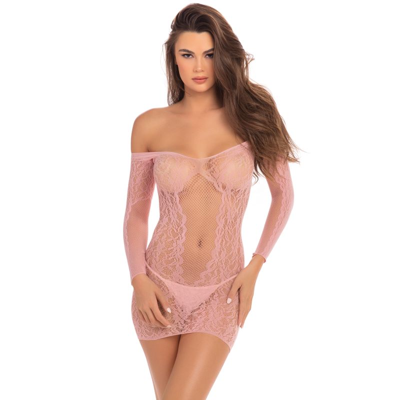 Demure Long Sleeve Mini Dress – Lace Pattern Off-Shoulder Style Secondary image