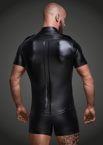Black Wet Look Short Sleeve Shirt With Front Pockets Mens Latex