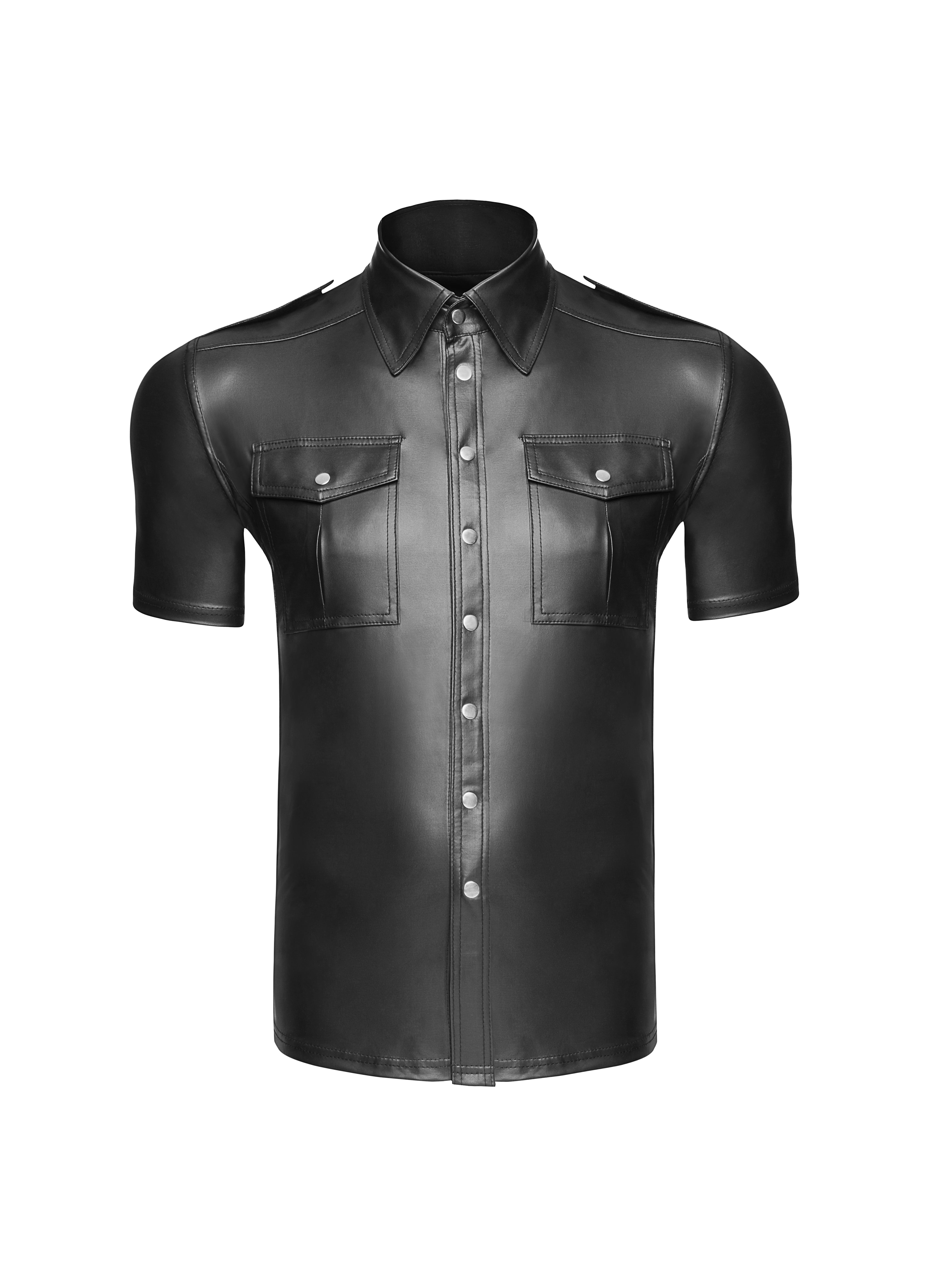 Black Wet Look Short Sleeve Shirt With Front Pockets Mens Latex
