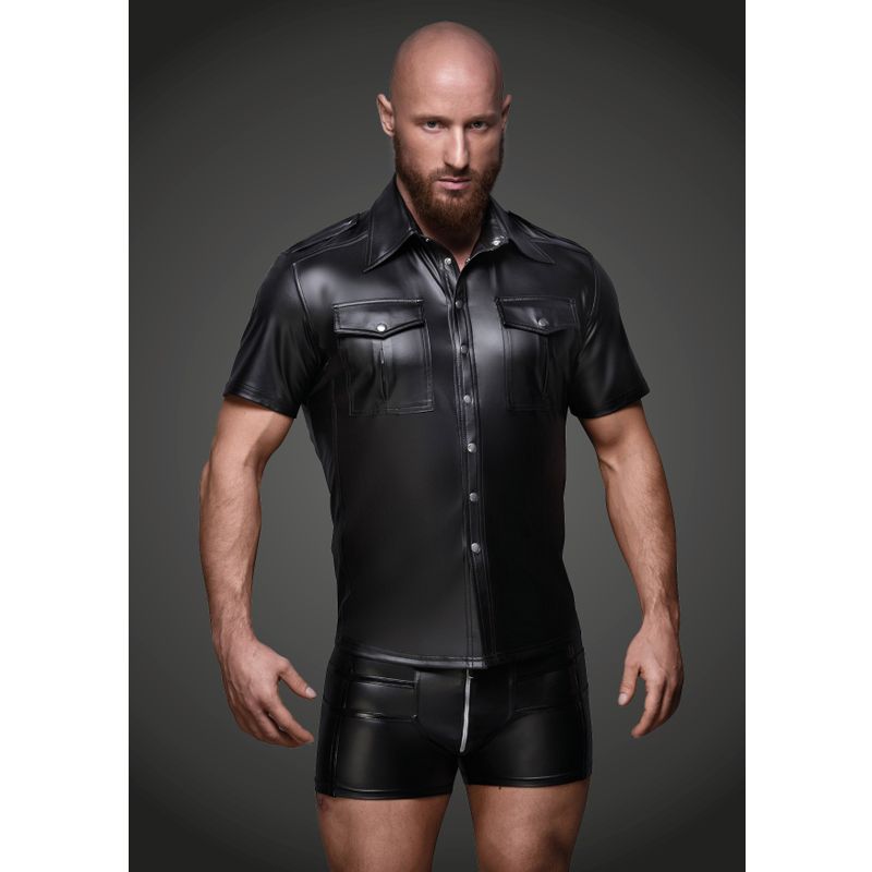 Black Wet Look Short Sleeve Shirt With Front Pockets Mens Latex