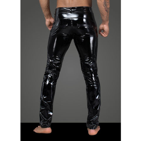 Long Black Elastic PVC Pants for Men with Front Snaps Mens Latex