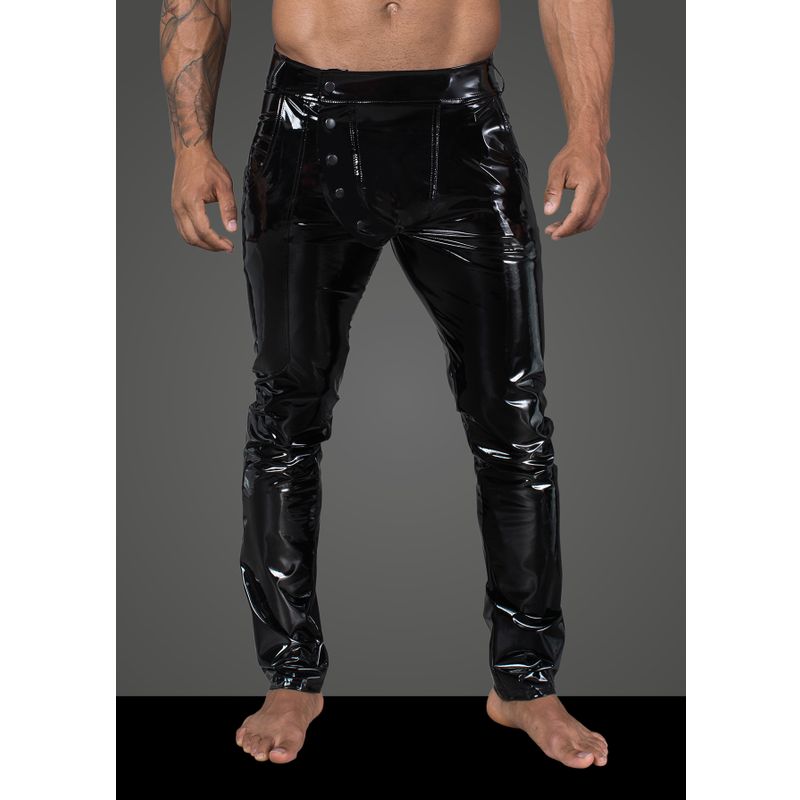 Long Black Elastic PVC Pants for Men with Front Snaps Mens Latex