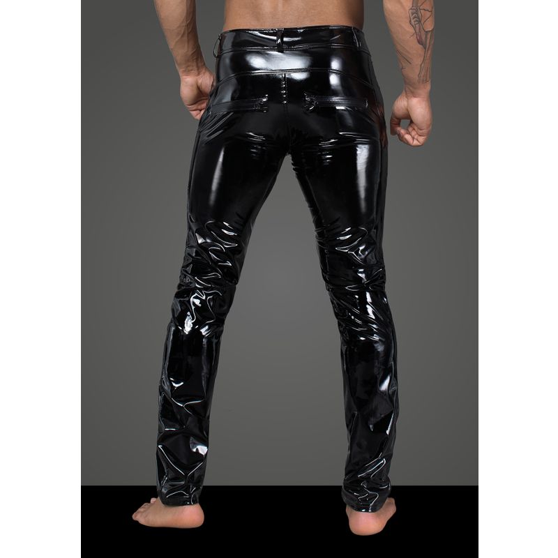 Long Black Elastic PVC Pants for Men with Front Snaps Mens Latex