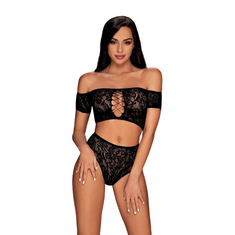 Obsessive Inessita Black Knitted Lingerie Bra And Panty Set Black Extra Large > Clothes > Bra Sets