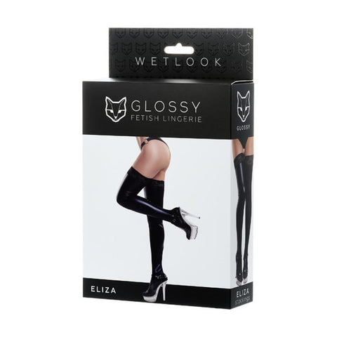 Glossy Wetlook Stockings w Lace Insert Eliza One Size Hosiery