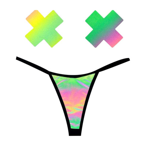 Rainbow Reflective G-String and X Pastie Set for Bold Festival Fashion Black One Size Pasties