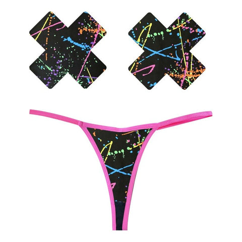 Graffiti Neon G-String and X Pastie Set for Festivals and Unique Style Black One Size Pasties