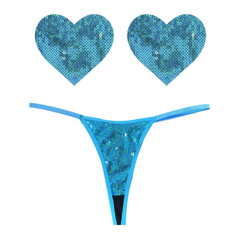 Mahi Mahi Blue Sequin G-String and Heart Pastie Set for Adult Fun Blue One Size Pasties