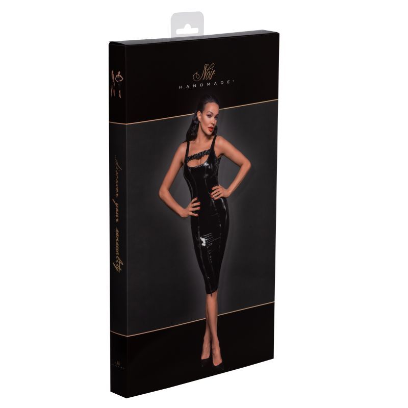 Noir PVC Midi Dress With Front Zipper And Frilled Chest Strap Womens Latex