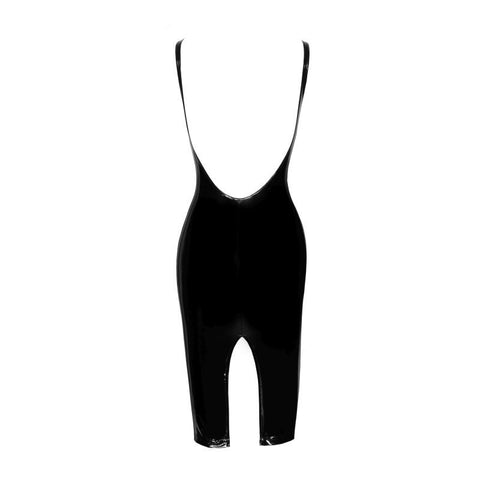 Noir PVC Midi Dress With Front Zipper And Frilled Chest Strap Womens Latex