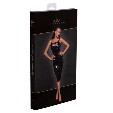 Noir PVC Midi Dress With Front Zipper And Frilled Chest Strap Womens Latex