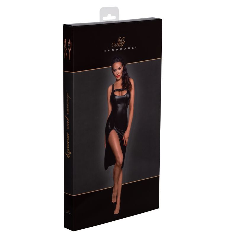 Noir Power Wetlook Midi Dress With Front Zipper And Slit Womens Latex