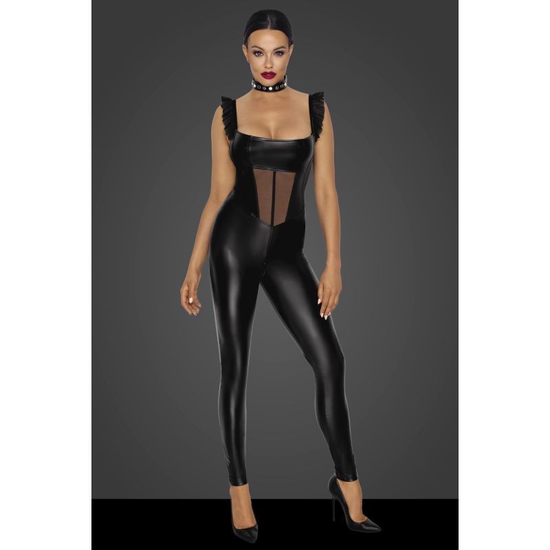Power Wetlook Overall with Tulle Panel Black Medium > Clothes > Womens Latex