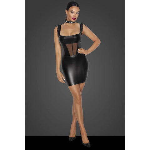 Noir Power Wetlook Short Dress with Front Tulle Inserts Womens Latex