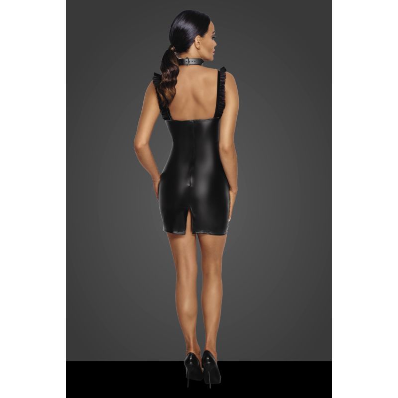 Noir Power Wetlook Short Dress with Front Tulle Inserts Womens Latex