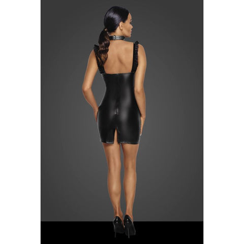 Noir Power Wetlook Short Dress with Front Tulle Inserts Womens Latex