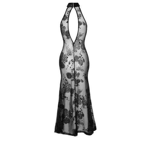Long Tulle Dress with Intricate Flock Embroidery Floor-Length Halter Gown > Clothes > Dresses and Chemises