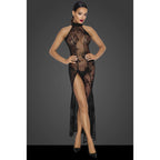 Long Tulle Dress with Intricate Flock Embroidery Floor-Length Halter Gown Black Large > Clothes > Dresses and Chemises