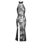 Long Tulle Dress with Intricate Flock Embroidery Floor-Length Halter Gown > Clothes > Dresses and Chemises