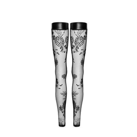 Tulle Stockings w Patterned Flock Embroidery & Power Wetlook Band Hosiery