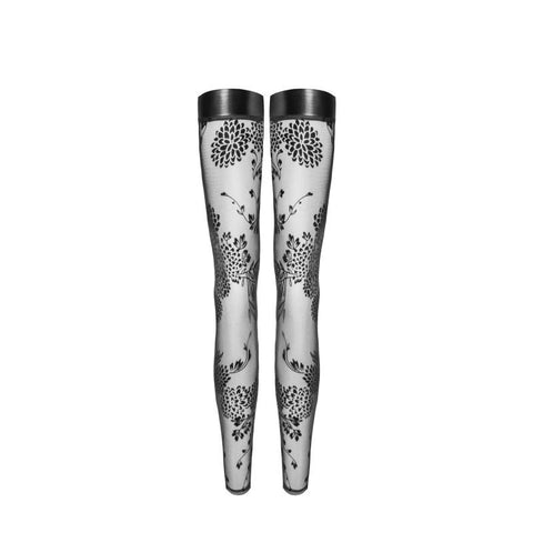 Tulle Stockings w Patterned Flock Embroidery & Power Wetlook Band Hosiery