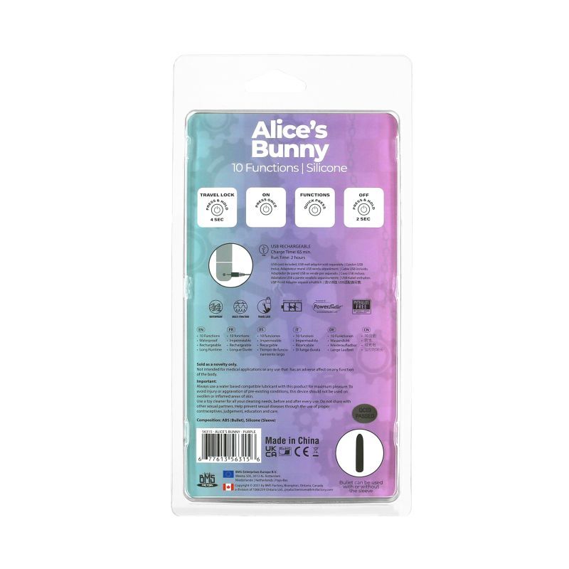 Alices Bunny Rechargeable Bullet w Rabbit Sleeve Purple 4 Inches BULLETS