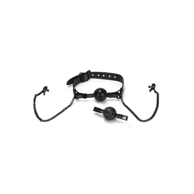 Whip Smart Diamond Ball Gag with Nipple Clips in Black Black Gags