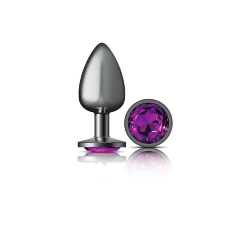 Cheeky Charms Gunmetal Round Butt Plug with Purple Jewel Large Purple Large > Anal Range > Jewel Butt Plugs