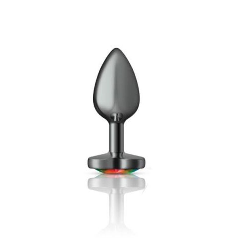 Cheeky Charms Gunmetal Butt Plug with Heart Rainbow Jewel Small > Anal Range > Jewel Butt Plugs